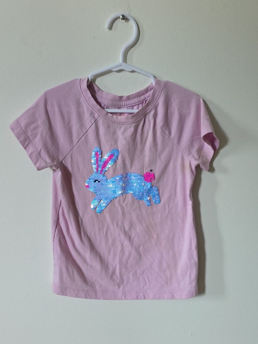 Cat & Jack Pink Tee with Blue Sequin Bunny, 4/5Y
